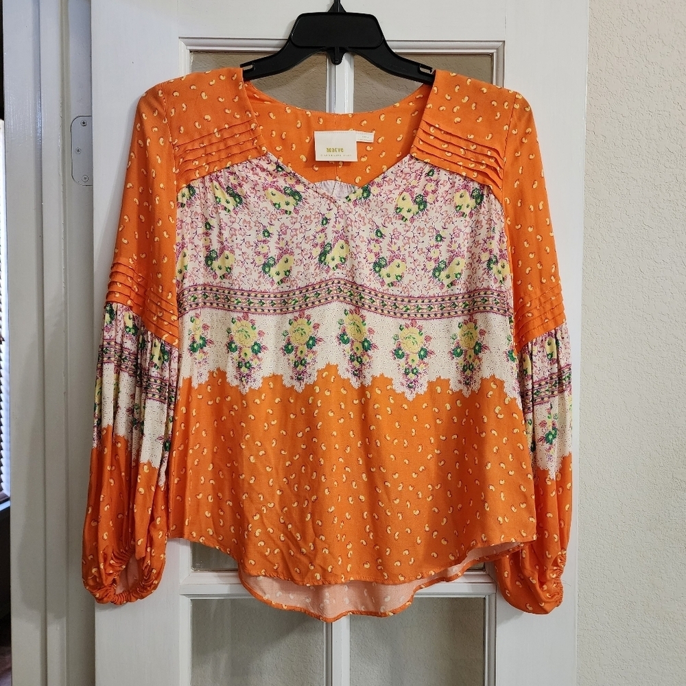 Maeve Anthropologie Boho Oversized Floral Blouse Orange Viscose Peasant Top XS